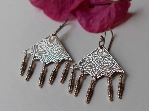 Nehal, triangle mandala earrings in sterling silver