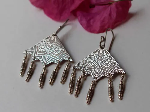 Nehal, triangle mandala earrings in sterling silver