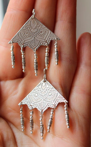 Nehal, triangle mandala earrings in sterling silver