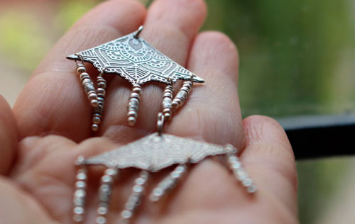 Nehal, triangle mandala earrings in sterling silver
