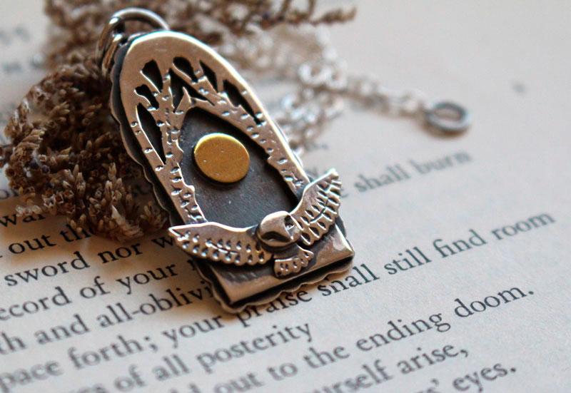 Night flight, owl under the full moon necklace in silver and brass