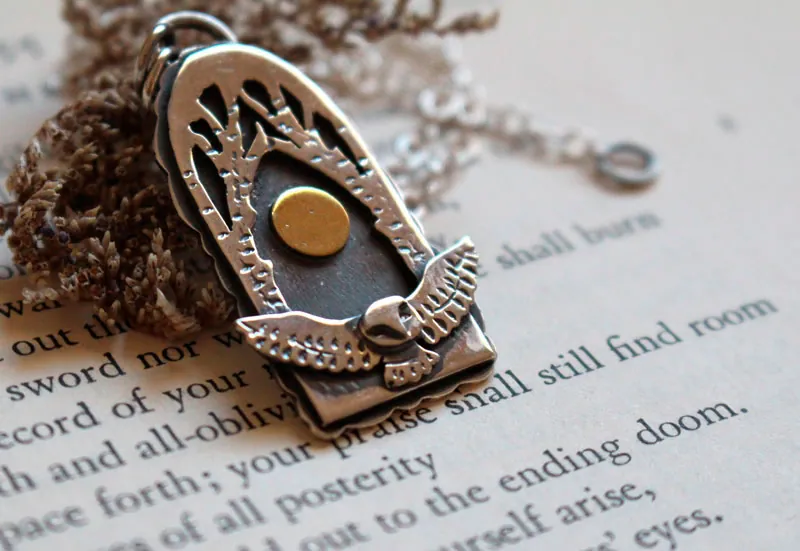 Night flight, owl under the full moon necklace in silver and brass