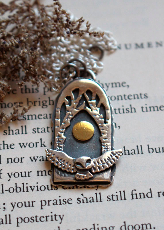Night flight, owl under the full moon necklace in silver and brass
