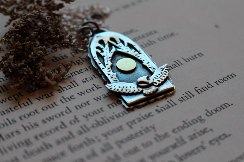 Night flight, owl under the full moon necklace in silver and brass