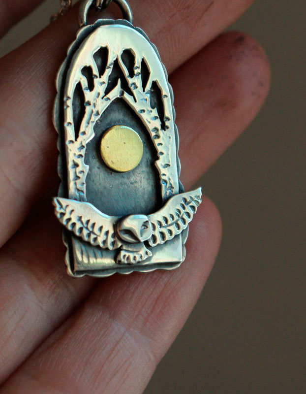 Night flight, owl under the full moon necklace in silver and brass