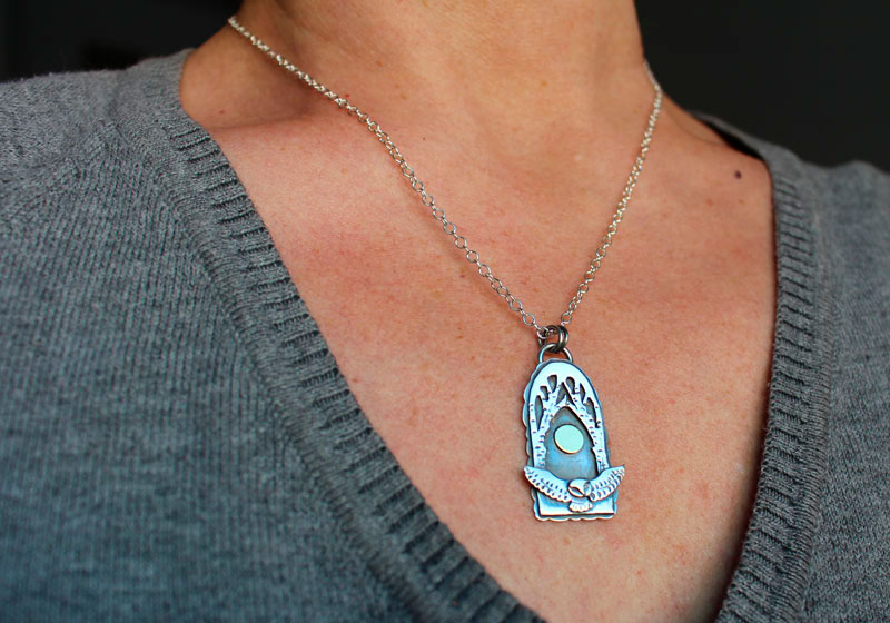 Night flight, owl under the full moon necklace in silver and brass