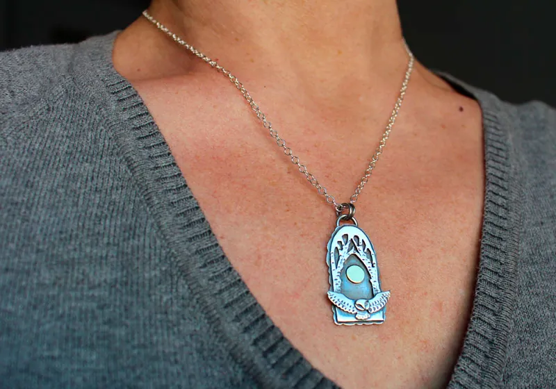 Night flight, owl under the full moon necklace in silver and brass