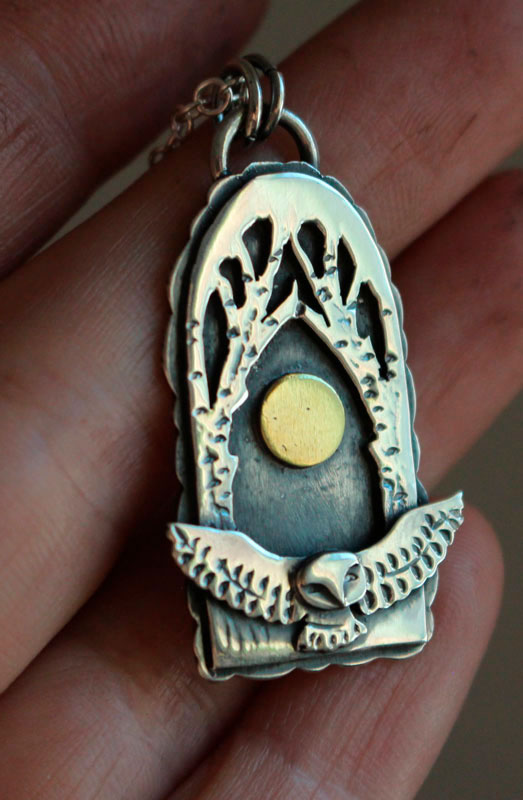 Night flight, owl under the full moon necklace in silver and brass