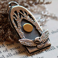 Night flight, owl under the full moon necklace in silver and brass