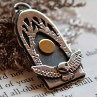 Night flight, owl under the full moon necklace in silver and brass
