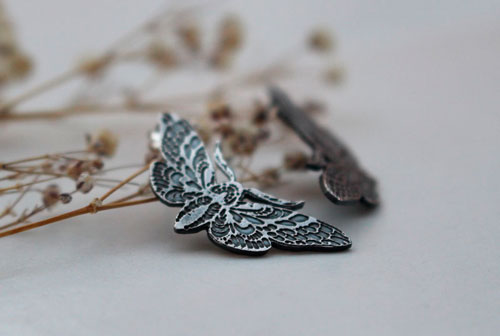Nocturnal butterflies, butterfly stud earrings in sterling silver
