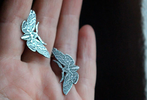 Nocturnal butterflies, butterfly stud earrings in sterling silver