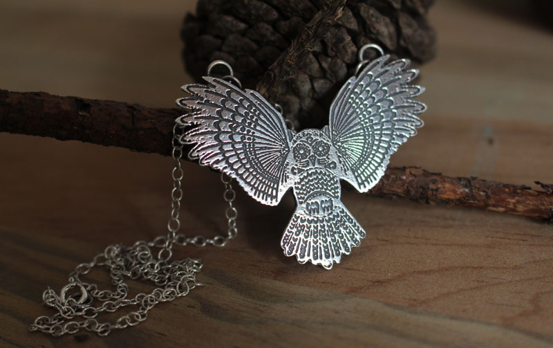 Nocturne, owl protector of the night necklace in sterling silver