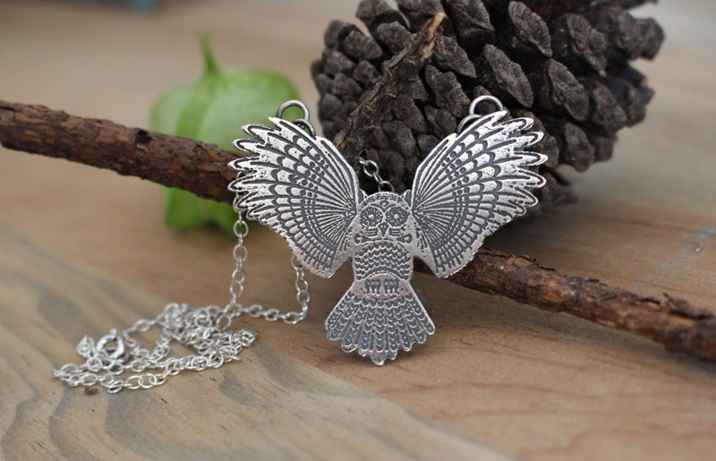 Nocturne, owl protector of the night necklace in sterling silver