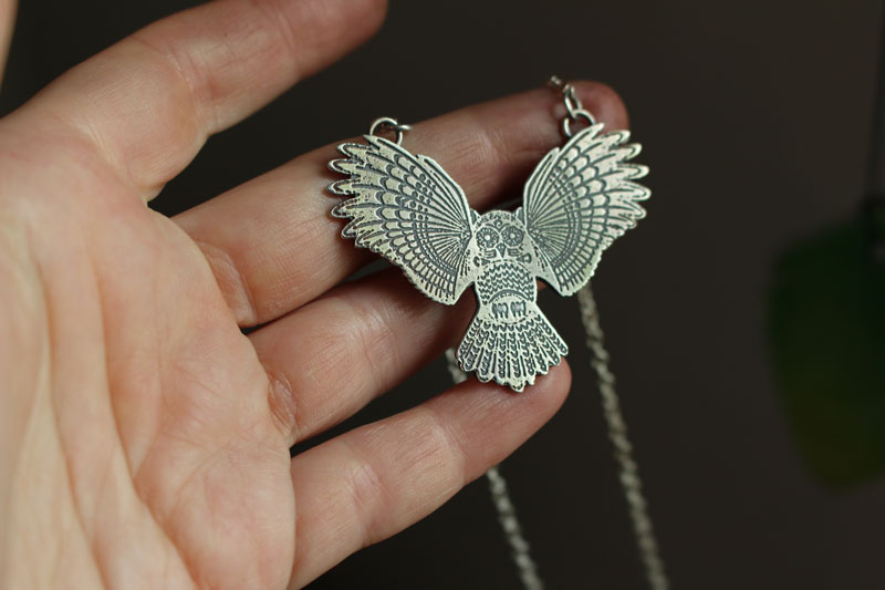 Nocturne, owl protector of the night necklace in sterling silver