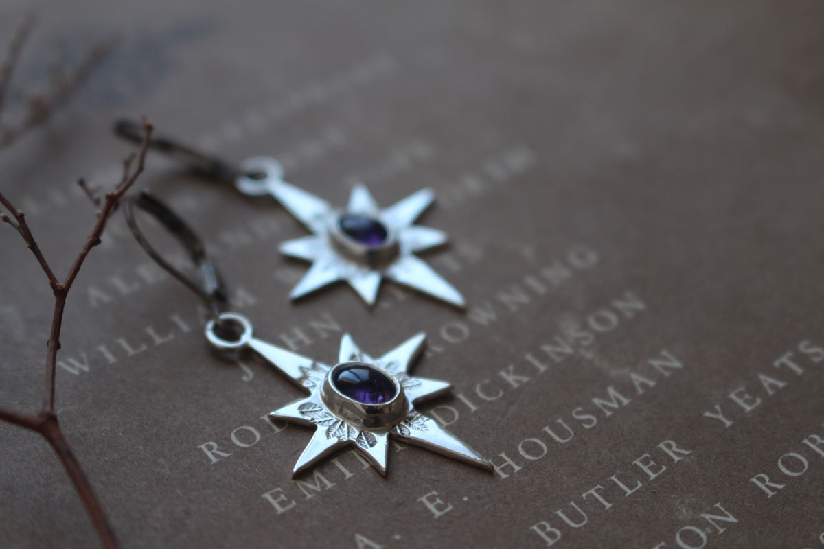 North Star, shepherd’s star earrings in silver and amethyst