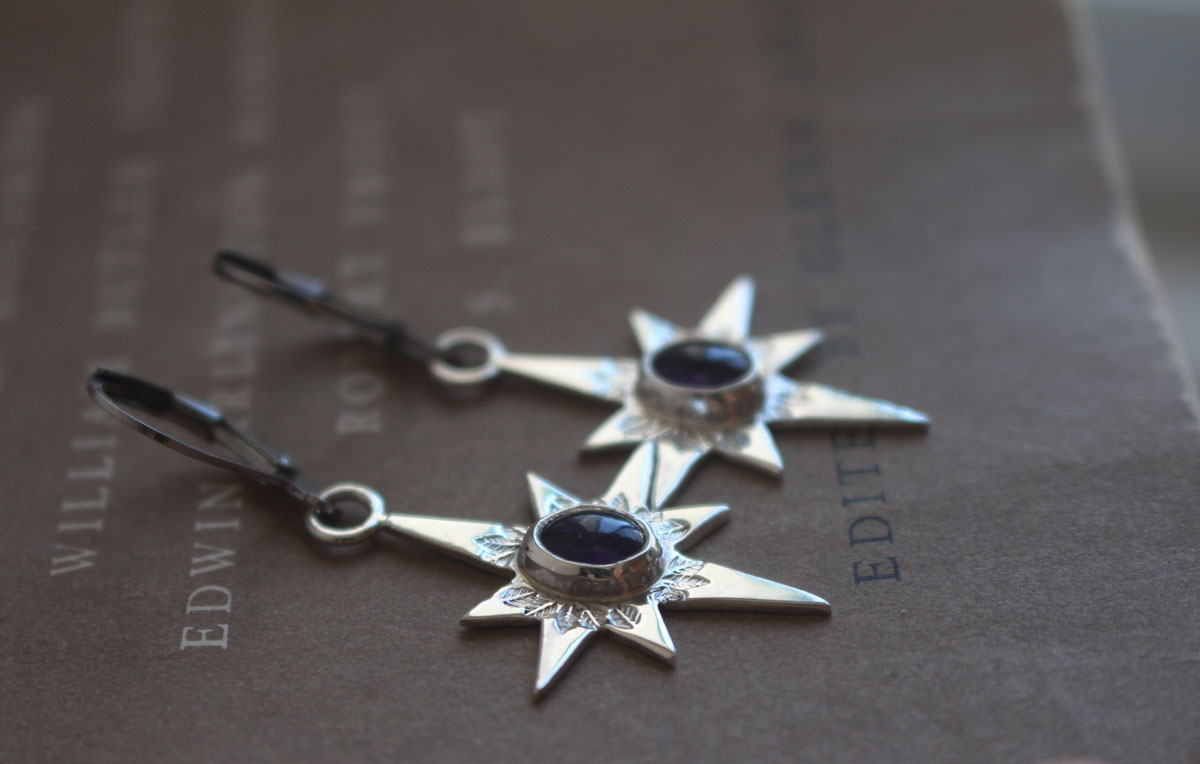North Star, shepherd’s star earrings in silver and amethyst