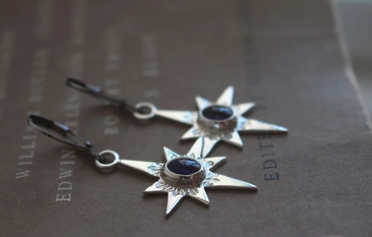 North Star, shepherd’s star earrings in silver and amethyst