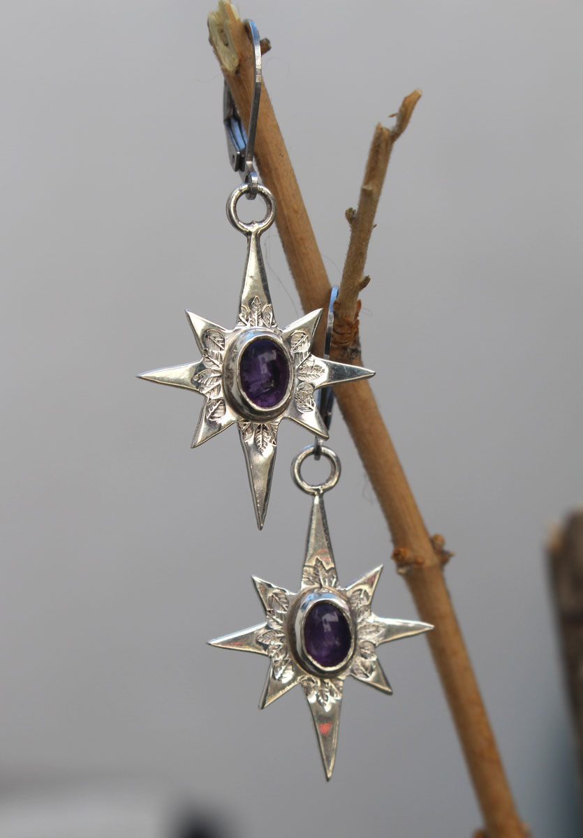 North Star, shepherd’s star earrings in silver and amethyst