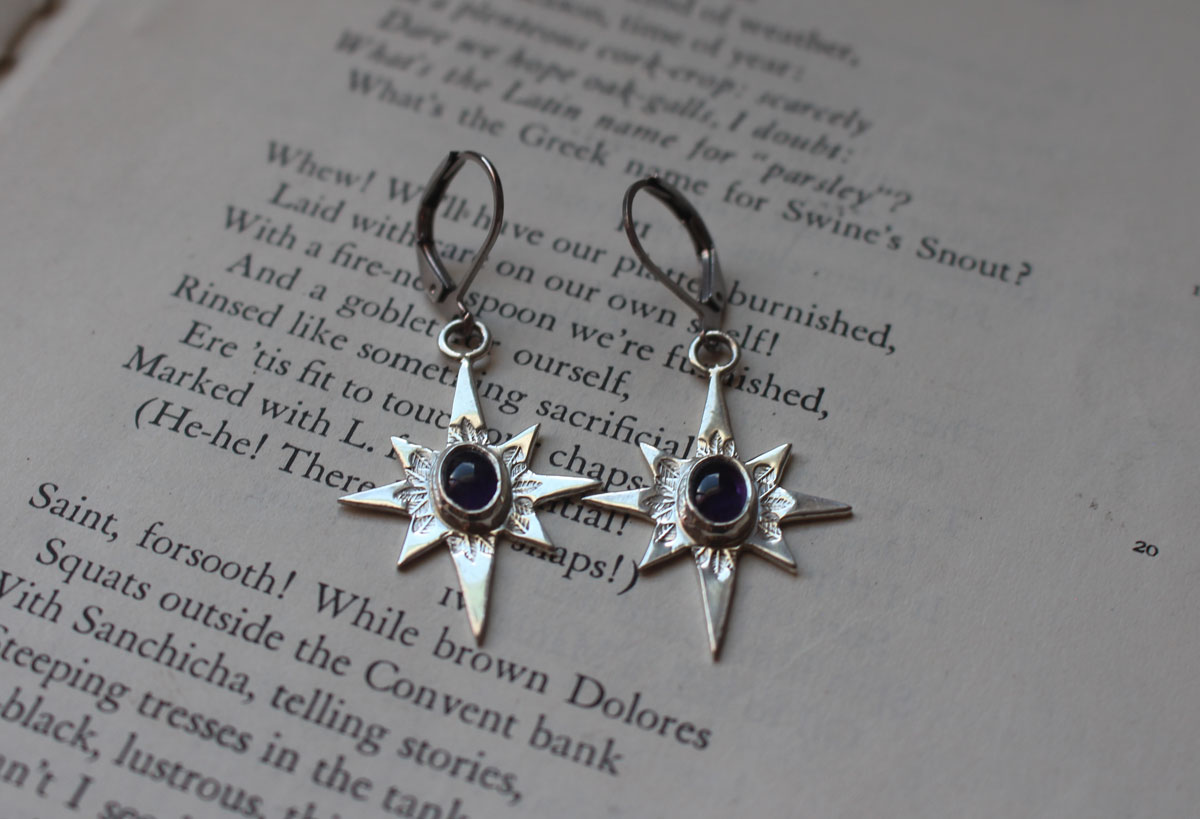 North Star, shepherd’s star earrings in silver and amethyst