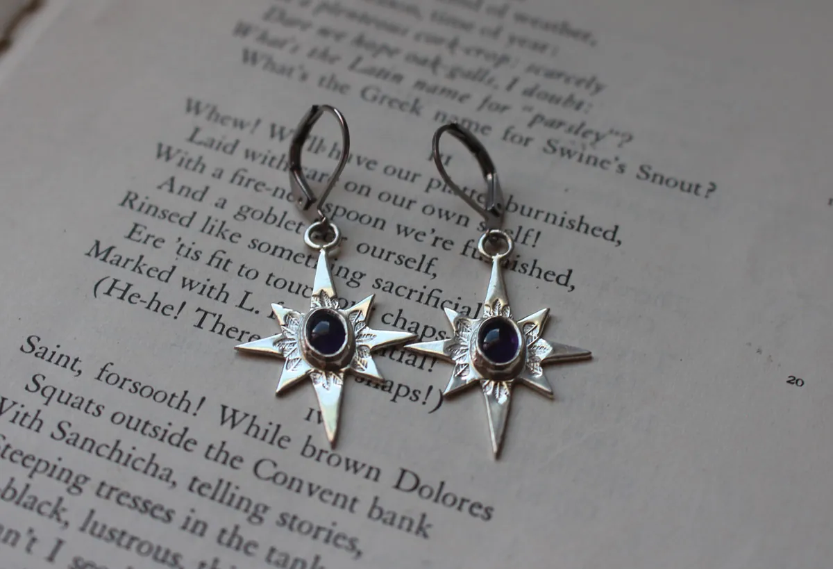 North Star, shepherd’s star earrings in silver and amethyst