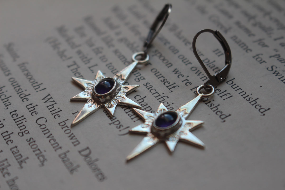 North Star, shepherd’s star earrings in silver and amethyst