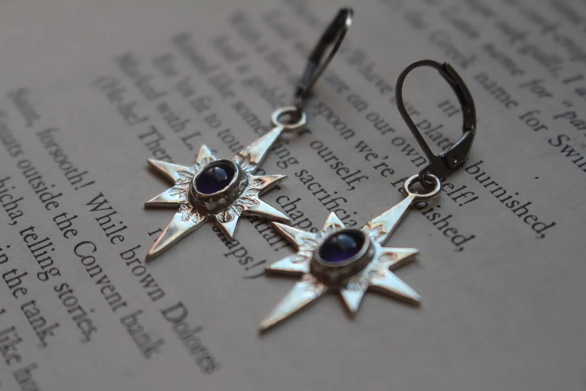 North Star, shepherd’s star earrings in silver and amethyst