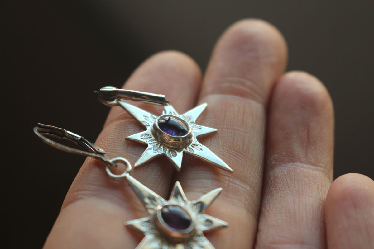 North Star, shepherd’s star earrings in silver and amethyst