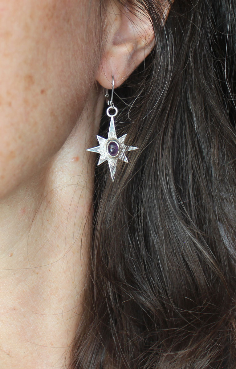 North Star, shepherd’s star earrings in silver and amethyst