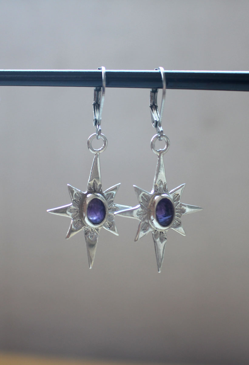 North Star, shepherd’s star earrings in silver and amethyst