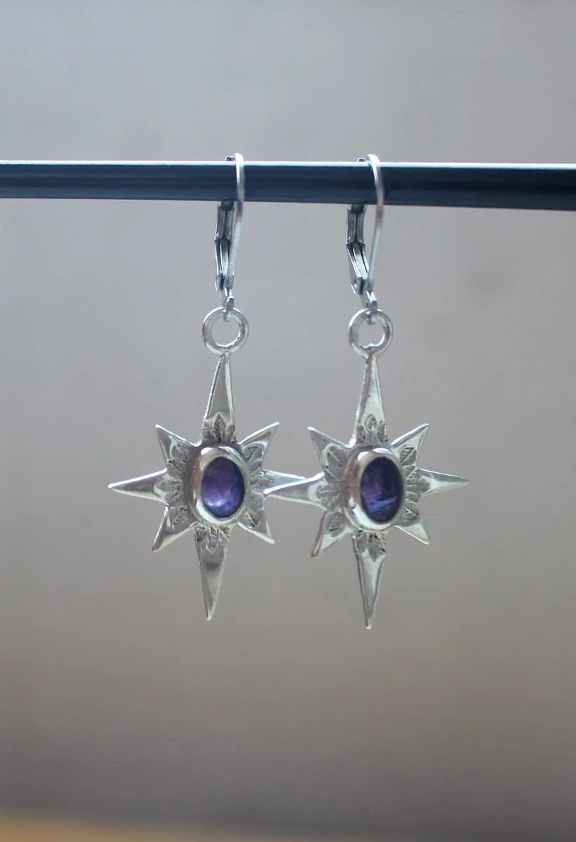 North Star, shepherd’s star earrings in silver and amethyst