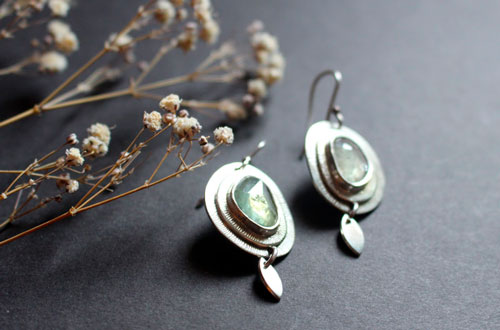 Nova sapphire, astronomy earrings in sterling silver and green sapphire
