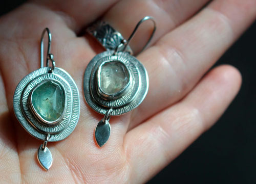 Nova sapphire, astronomy earrings in sterling silver and green sapphire