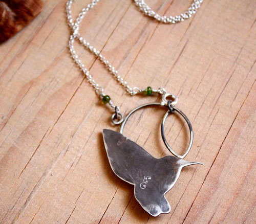 Nectar, hummingbird necklace in silver and green sapphire