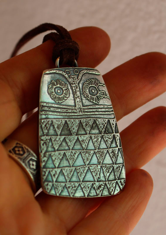 Neolithic owl, copper age bird necklace in silver