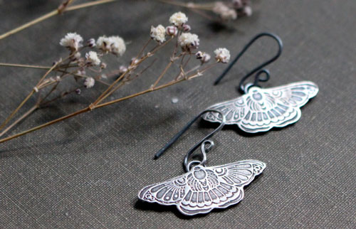 Night dance, butterfly moth earrings in sterling silver