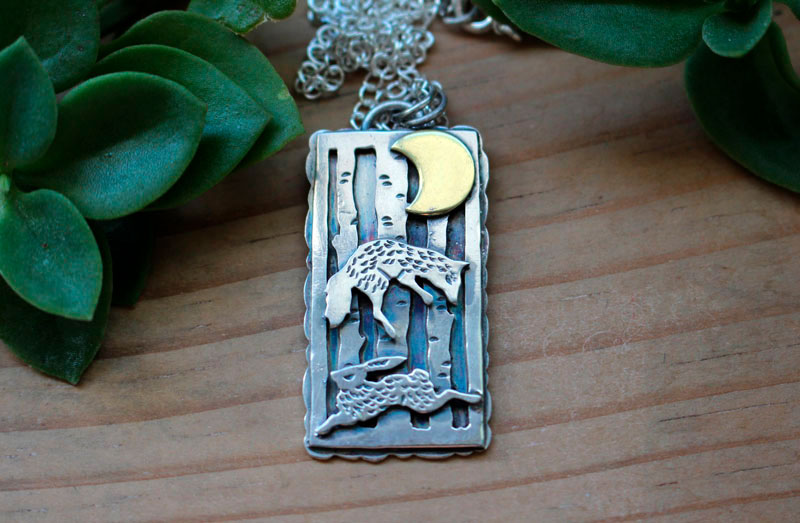 Night dance, hare and fox necklace in sterling silver and brass