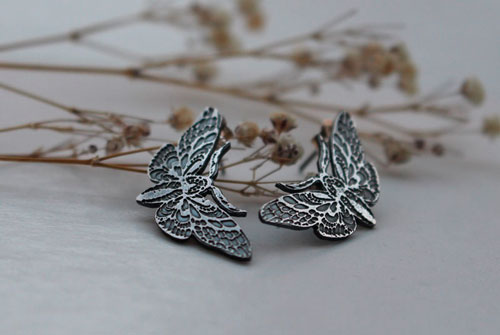 Nocturnal butterflies, moth studs earrings in sterling silver 