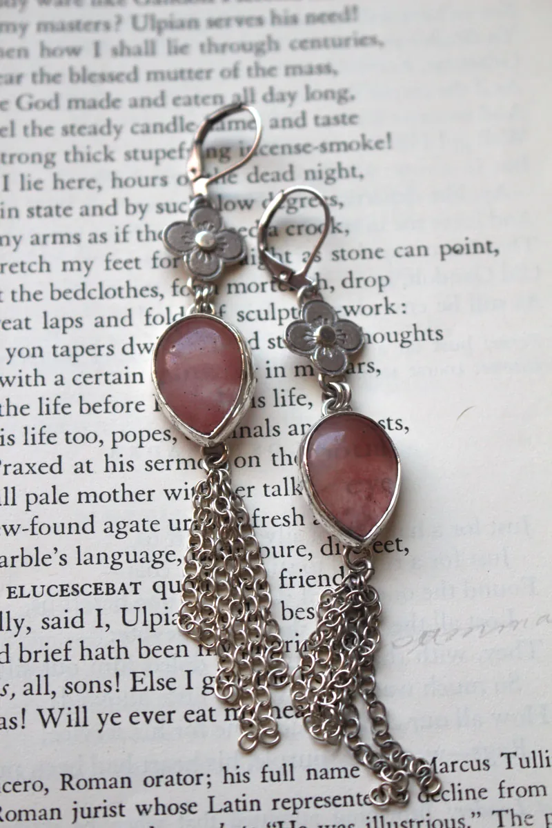 O-Hanami, cherry blossom earrings in silver and rose quartz