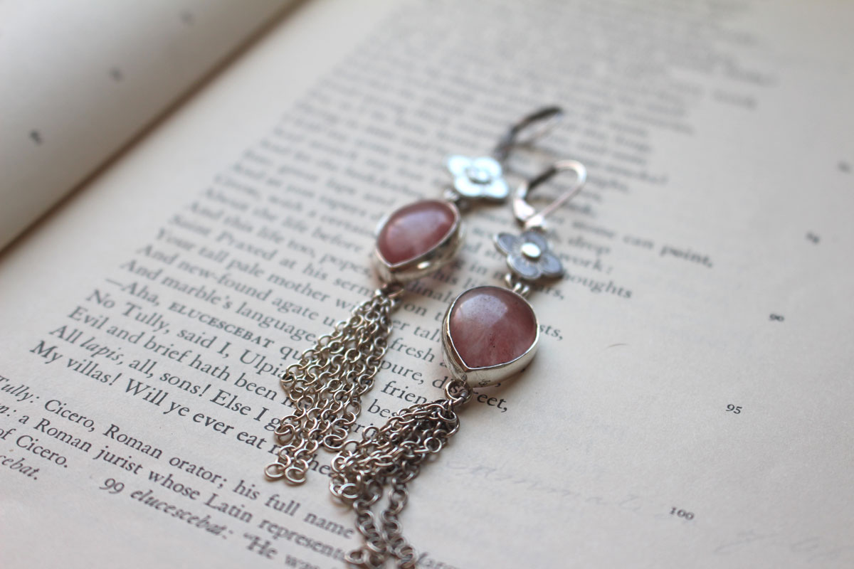 O-Hanami, cherry blossom earrings in silver and pink quartz