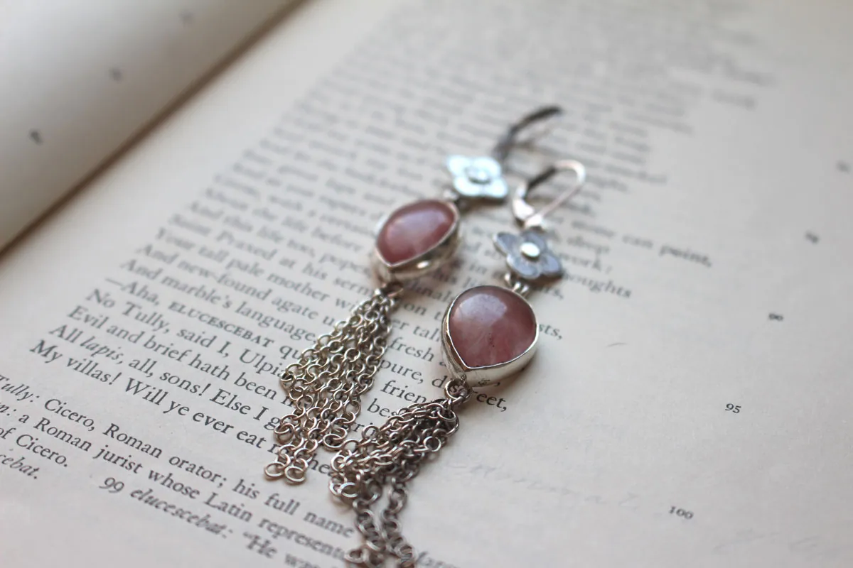 O-Hanami, cherry blossom earrings in silver and rose quartz