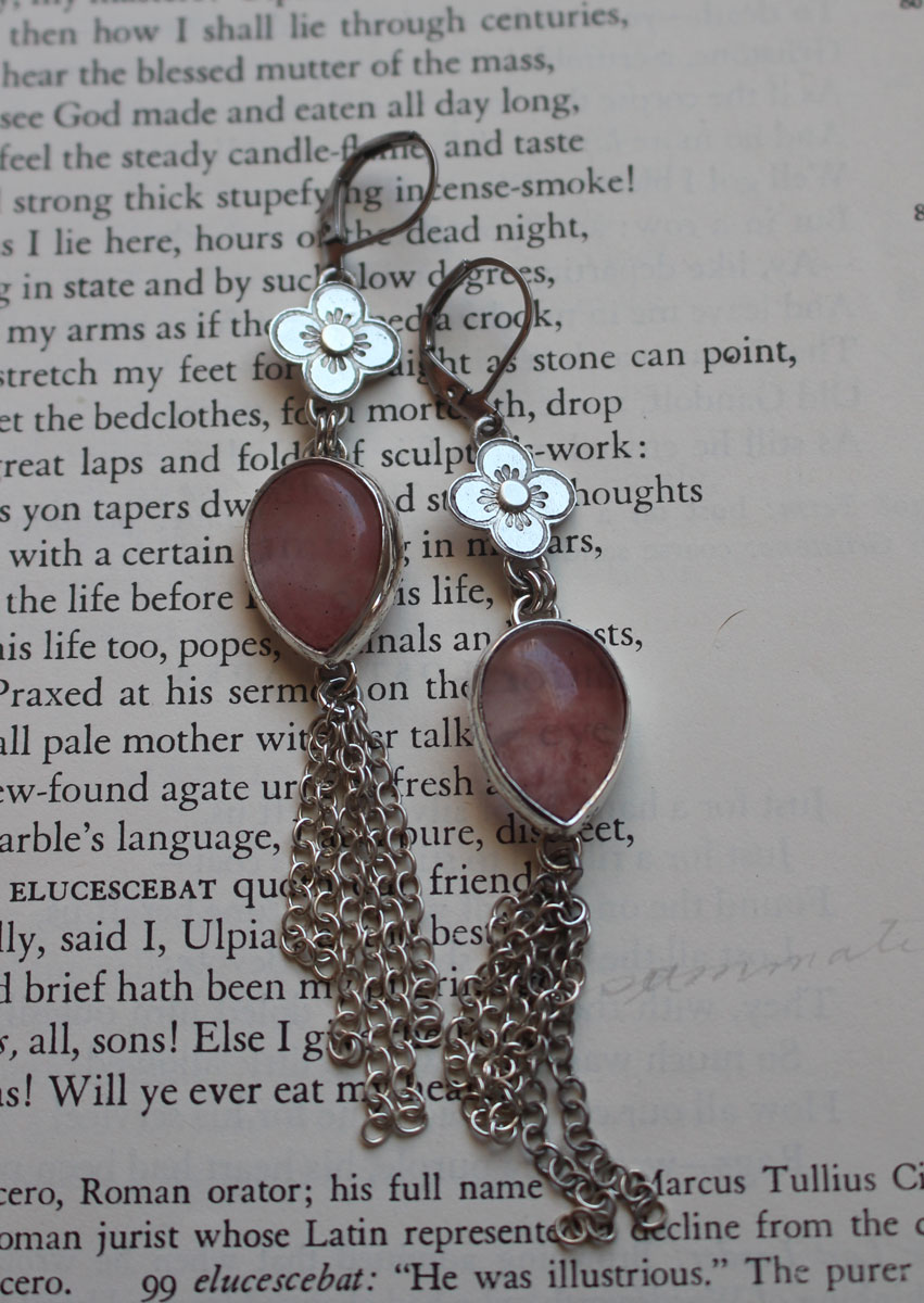 O-Hanami, cherry blossom earrings in silver and pink quartz