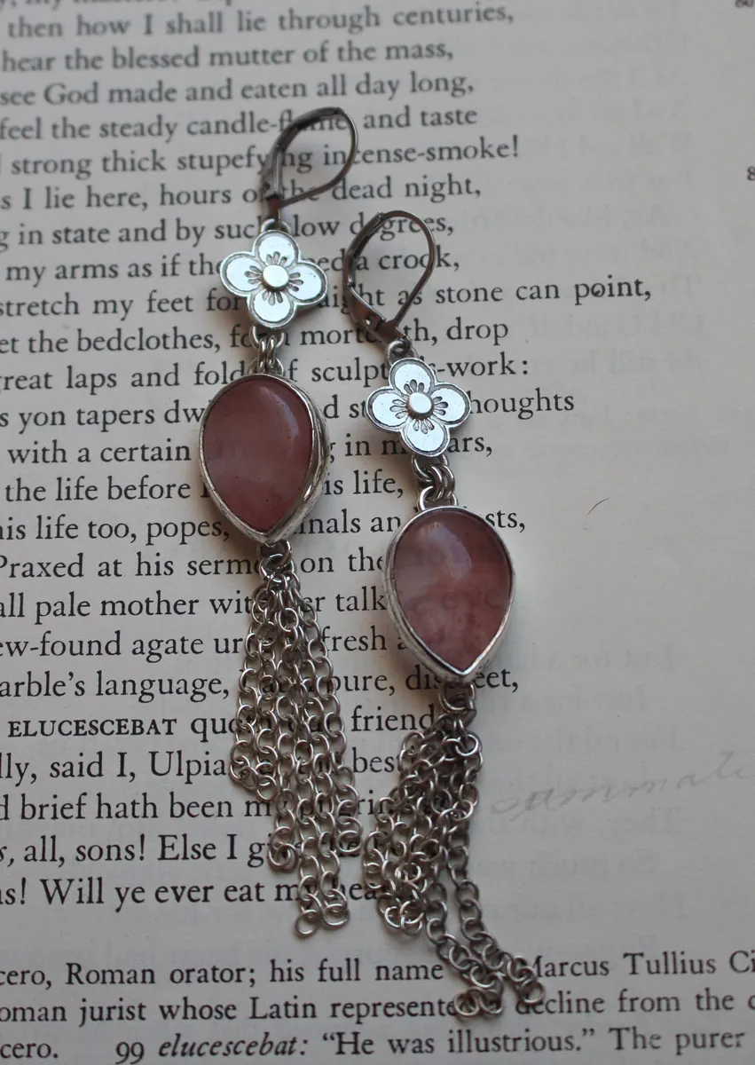 O-Hanami, cherry blossom earrings in silver and rose quartz