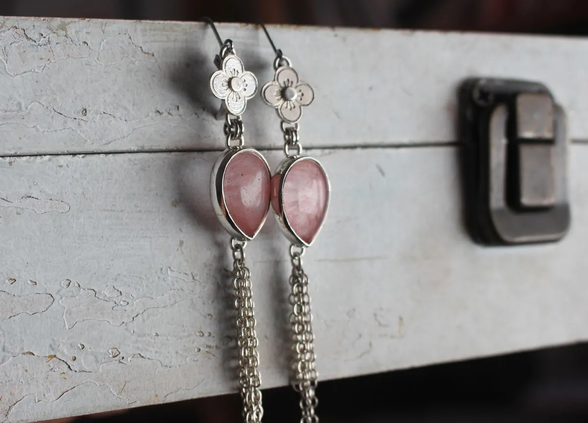 O-Hanami, cherry blossom earrings in silver and rose quartz