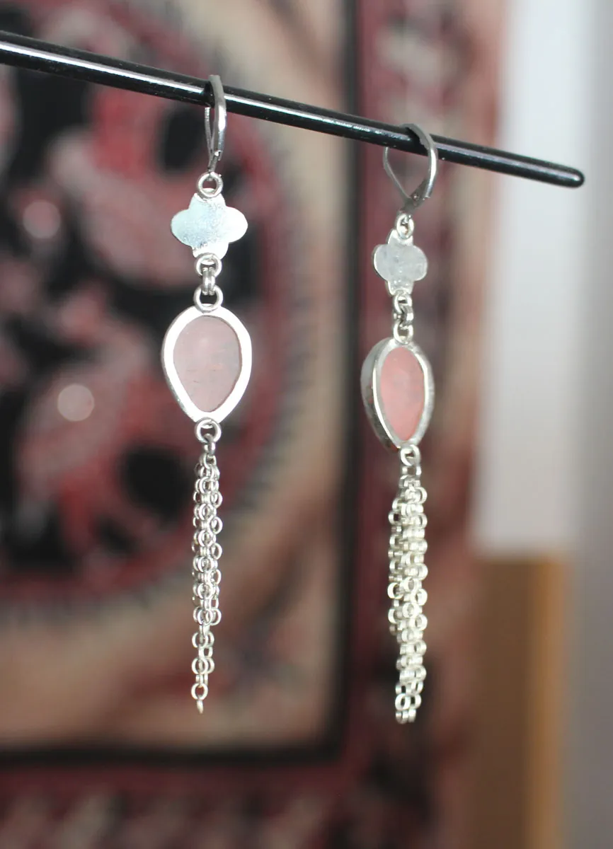 O-Hanami, cherry blossom earrings in silver and rose quartz