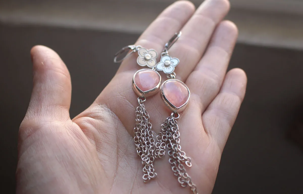 O-Hanami, cherry blossom earrings in silver and rose quartz