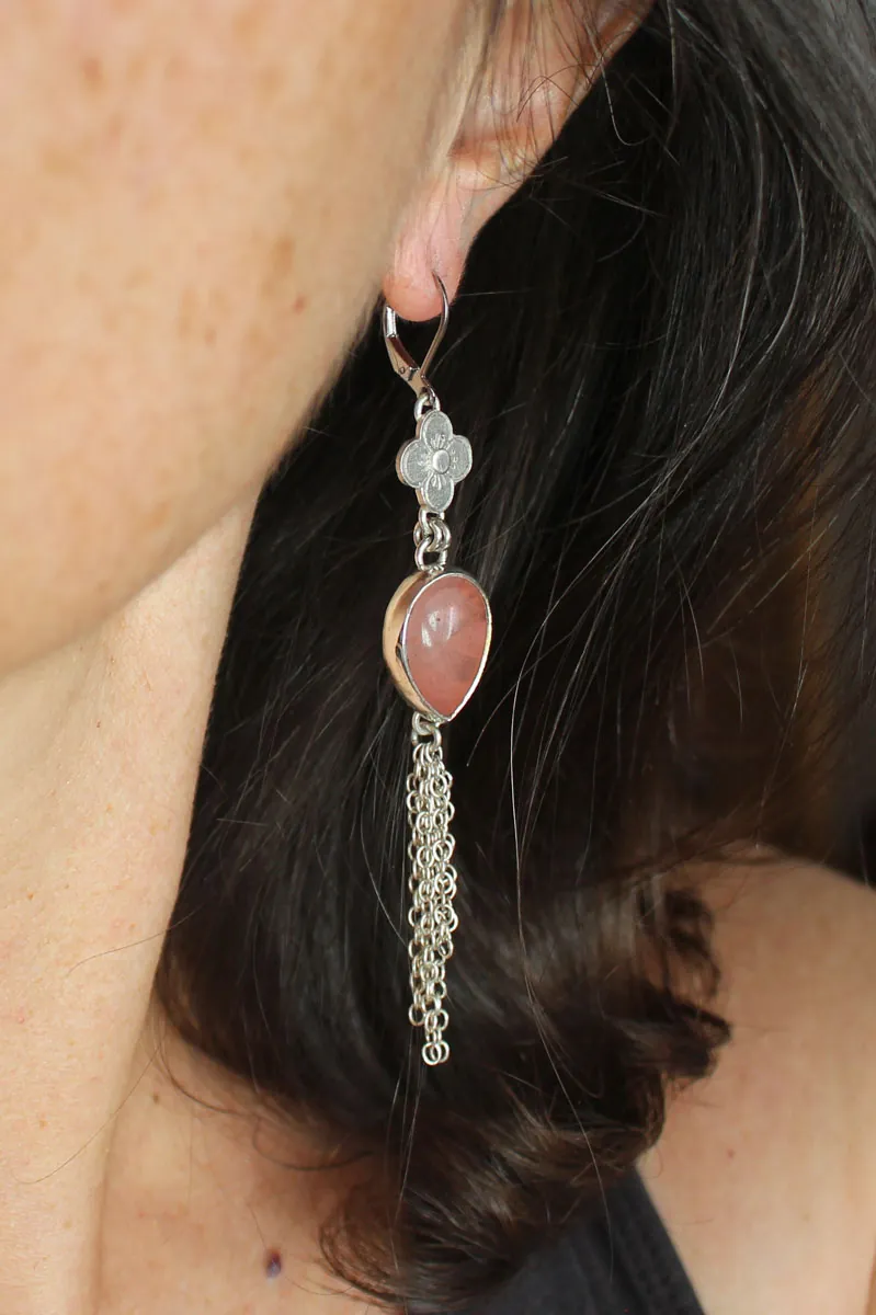 O-Hanami, cherry blossom earrings in silver and rose quartz
