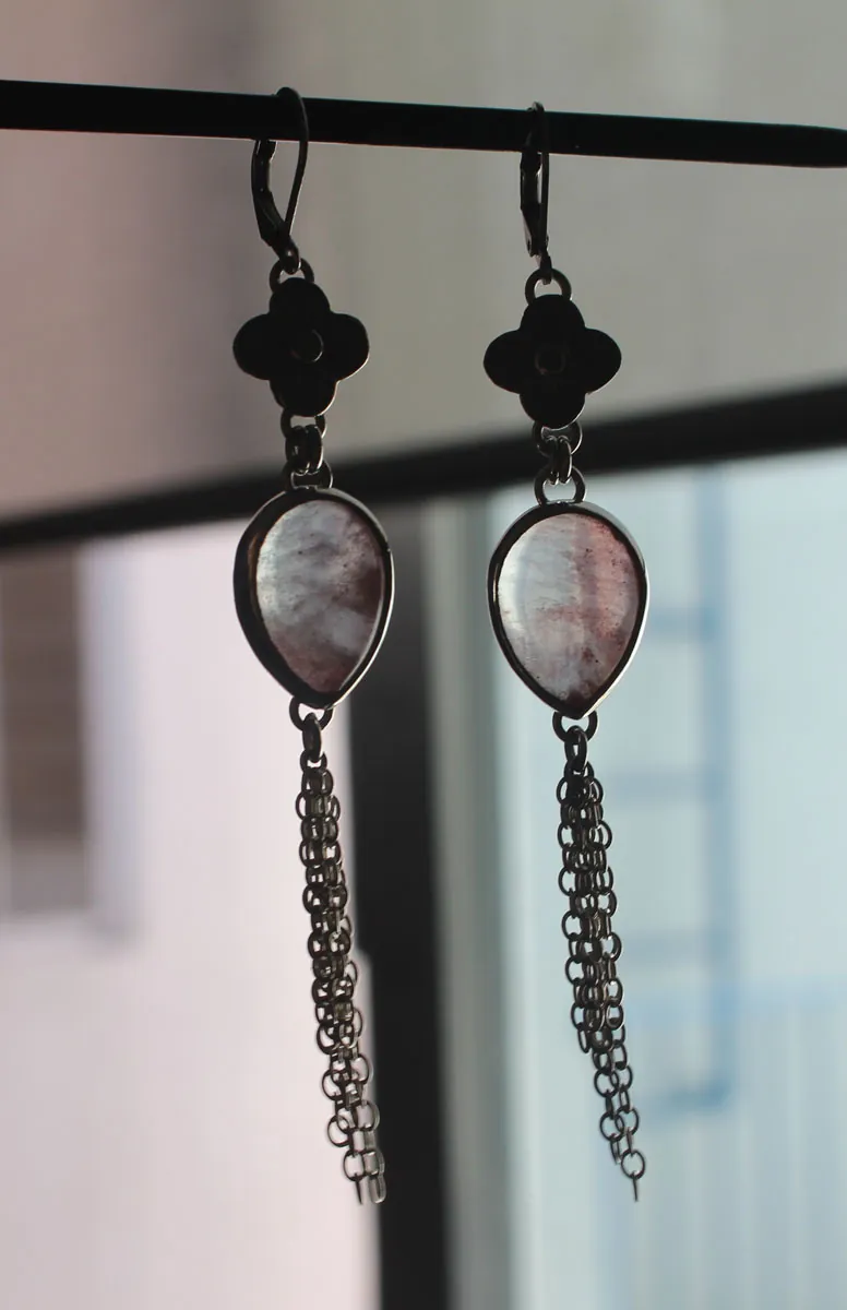O-Hanami, cherry blossom earrings in silver and rose quartz