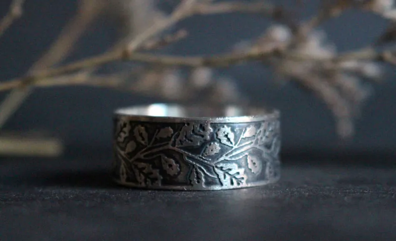 Oak leaf, tree branch ring in sterling silver