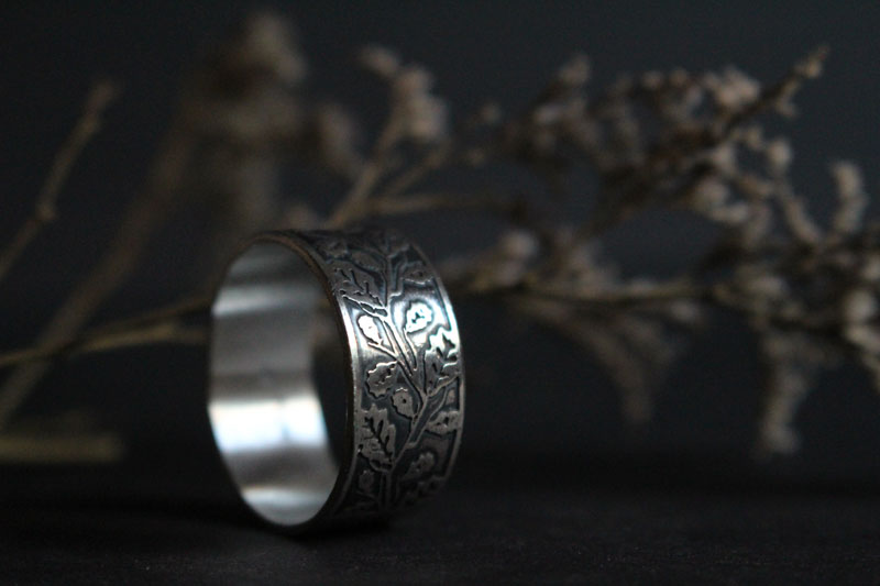 Oak leaf, tree branch ring in sterling silver